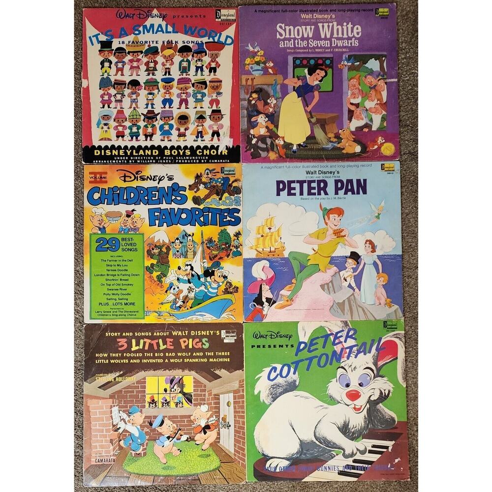 6 VTG 1960s Disneyland Records Book and Record Lot 33RPM PeterPan Snow White Etc